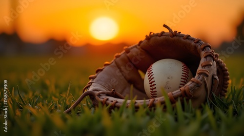 Fototapeta Naklejka Na Ścianę i Meble -  Golden sunset hues paint the field as a baseball rests in its worn glove, a tranquil end-of-day scene.