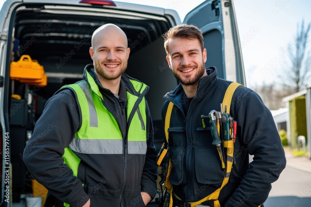 Skilled Technicians Smiling Parking Lot Portrait Daylight Close-up Professionalism