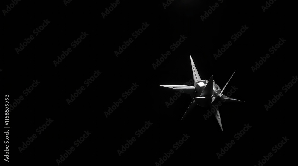A sleek, futuristic spacecraft, resembling a star, floats in the vastness of space against a deep black background. A sleek, futuristic spacecraft, resembling a star, floats in the vastness of space against a deep black background.
