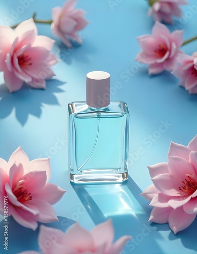 Minimal perfume bottle and flowers all over the set, top light on top of a backaround with water, saturation color scheme, bright light glass refraction, motled shading, studo lighfing, contrast high  photo