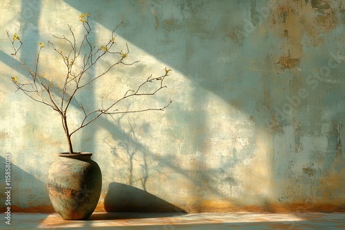 A lone dry branch in a rustic ceramic vase against a textured wall bathed in soft light, representing simplicity and wabi-sabi aesthetics photo