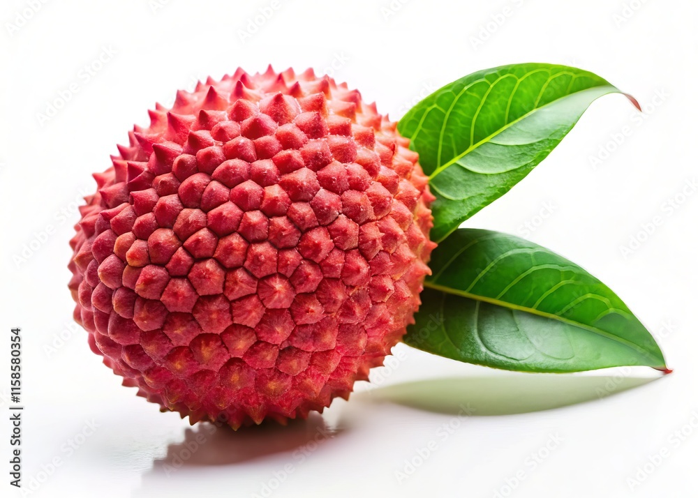Lychee Fruit with Leaves Close-Up Macro Photography, High-Resolution Image, White Background Lychee Fruit with Leaves Close-Up Macro Photography, High-Resolution Image, White Background