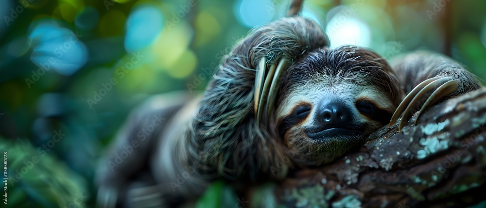 Obraz premium Relaxed Sloth in Lush Green Jungle Setting, Resting Comfortably on Tree Branch Amidst Nature