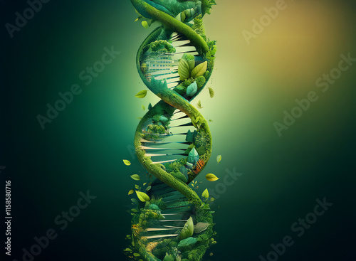 A vibrant DNA double helix intertwined with lush foliage, symbolizing the connection between nature and genetics.  Leaves and plants sprout from its structure, creating a visually stunning representat photo