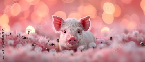 Wallpaper Mural Adorable piglet resting among pink flowers with a dreamy background of soft bokeh lights Torontodigital.ca