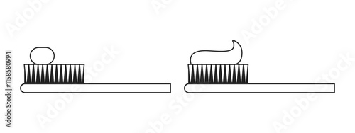 Toothbrush and toothpaste instruction symbol icons. Insufficient and sufficient amount, right amount of toothpaste on the toothbrush. Silhouette line art for packaging