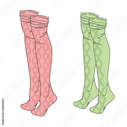 Thigh high socks for women design technical flat sketch vector mockup template.