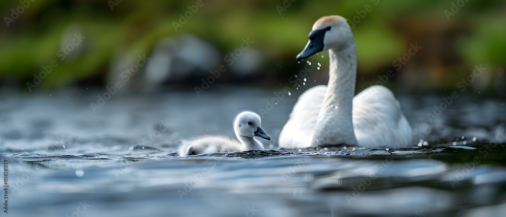 Fototapeta premium Elegant Swan and Adorable Cygnets Swimming Gracefully in a Serene Lake Setting with Lush Greenery