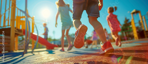 Cute little boy and girl running on playground in sunny summer day