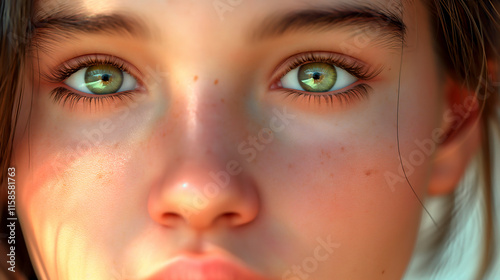 Close-up portrait of a beautiful girl with green eyes and long eyelashes