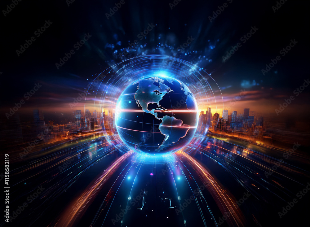 Obraz premium A vibrant, glowing Earth surrounded by futuristic cityscapes and energy streams, symbolizing global connectivity and technological advancement. The image evokes a sense of wonder and progress.