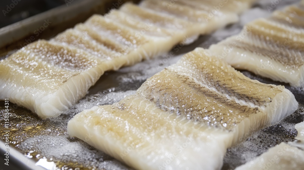 Freshly Prepared Cod Fillets on a Baking Sheet Ready for Cooking Freshly Prepared Cod Fillets on a Baking Sheet Ready for Cooking
