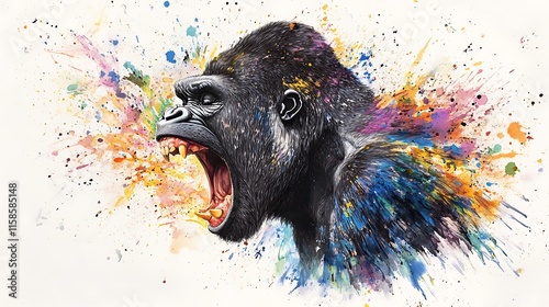 Powerful Gorilla Roaring in a Vibrant Watercolor Explosion AI Generated photo