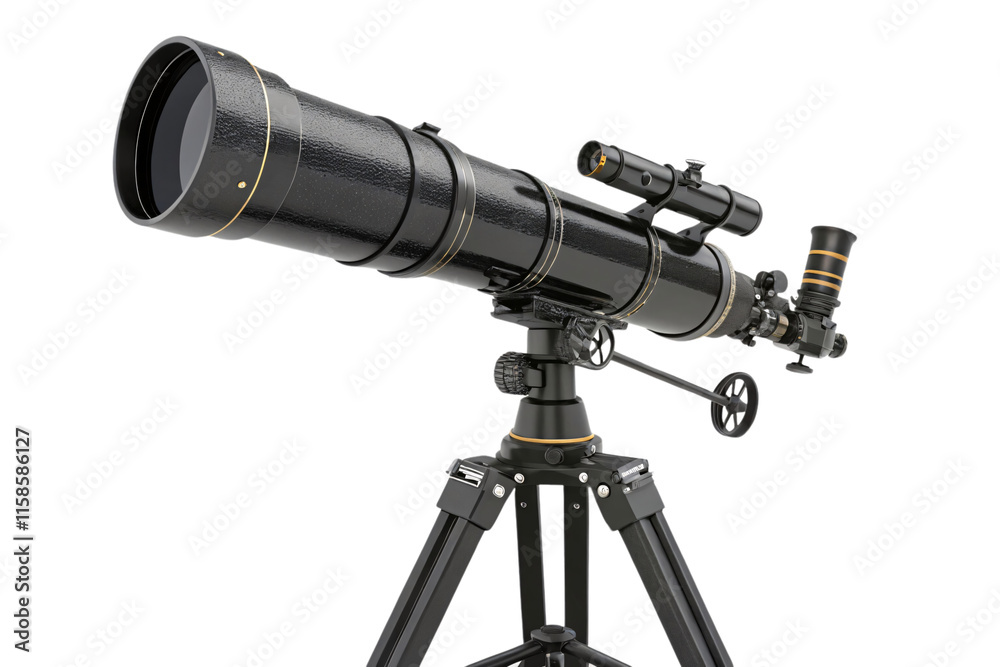 A glossy black telescope with golden rings and a finder scope, mounted on a robust tripod, ideal for astronomical or terrestrial observation, isolated on a transparent background A glossy black telescope with golden rings and a finder scope, mounted on a robust tripod, ideal for astronomical or terrestrial observation, isolated on a transparent background