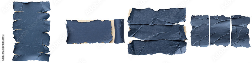 A series of wrinkled blue paper pieces showcasing varying shapes and textures. A series of wrinkled blue paper pieces showcasing varying shapes and textures.