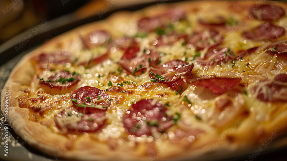 Close-Up of Delicious Salami Pizza with Melted Cheese – Perfect for Food Lovers Close-Up of Delicious Salami Pizza with Melted Cheese – Perfect for Food Lovers