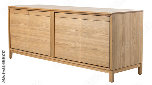 A modern wooden sideboard with a minimalist design, showcasing smooth light oak panels and subtle wood grain textures for a warm and natural aesthetic, isolated on a transparent background