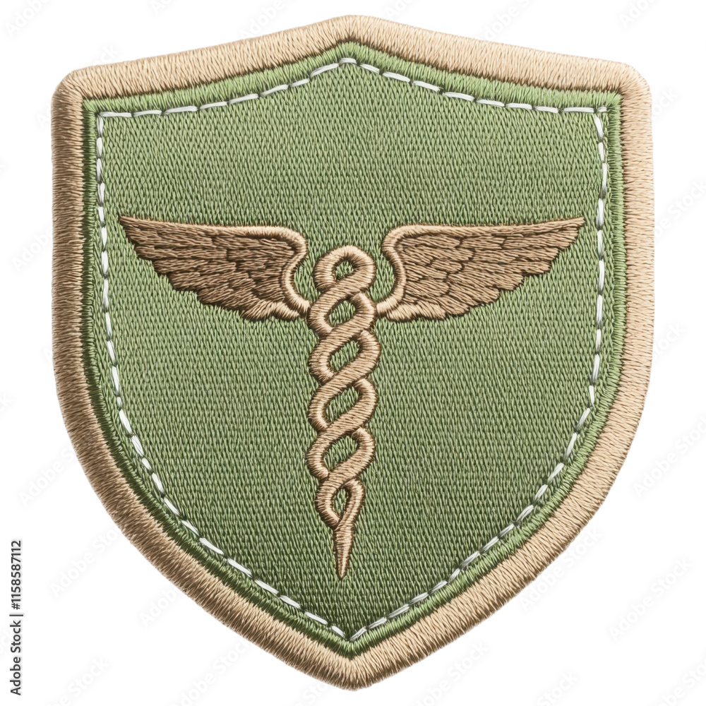 custom made wallpaper toronto digitalA green embroidered patch featuring a caduceus symbol with wings, representing medical services or health-related themes.