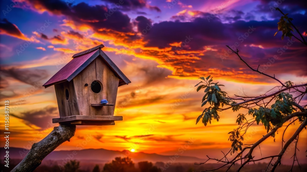 Silhouette Birdhouse Photography: Elegant Wooden Birdhouse Against Sunset Silhouette Birdhouse Photography: Elegant Wooden Birdhouse Against Sunset