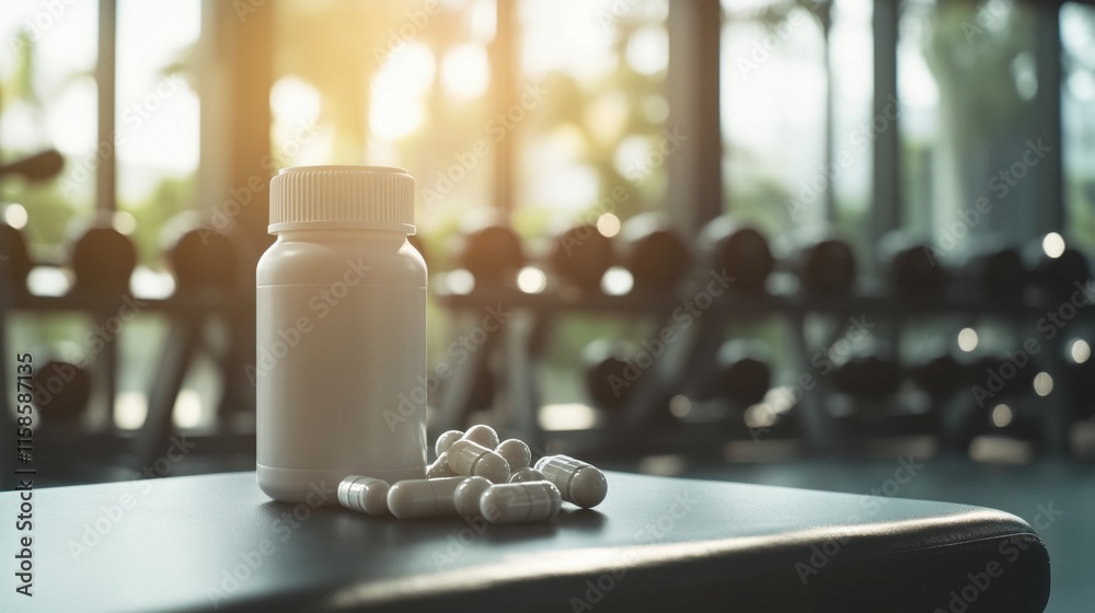 Gym Supplements: White Pill Bottle and Capsules on Fitness Bench with Dumbbells in Blurred Background Gym Supplements: White Pill Bottle and Capsules on Fitness Bench with Dumbbells in Blurred Background