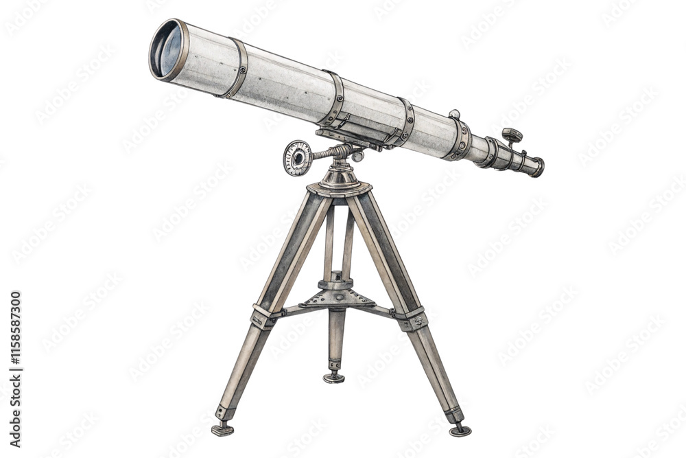 A sleek silver telescope with fine detailing and adjustable knobs, mounted on a refined tripod for advanced astronomical observations, isolated on a transparent background A sleek silver telescope with fine detailing and adjustable knobs, mounted on a refined tripod for advanced astronomical observations, isolated on a transparent background