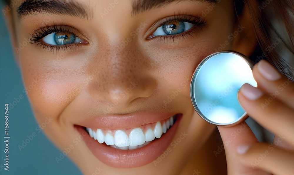 Fototapeta premium Smiling woman examining her teeth with a dental mirror, showcasing oral health awareness and positivity in a bright clinic setting.
