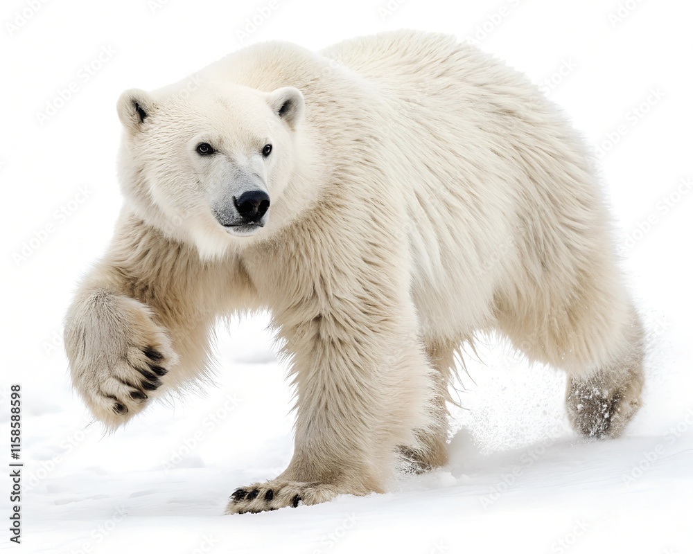 Fototapeta premium A polar bear mid-pounce with its front paws outstretched, fluffy white fur blending seamlessly, isolated on a white background