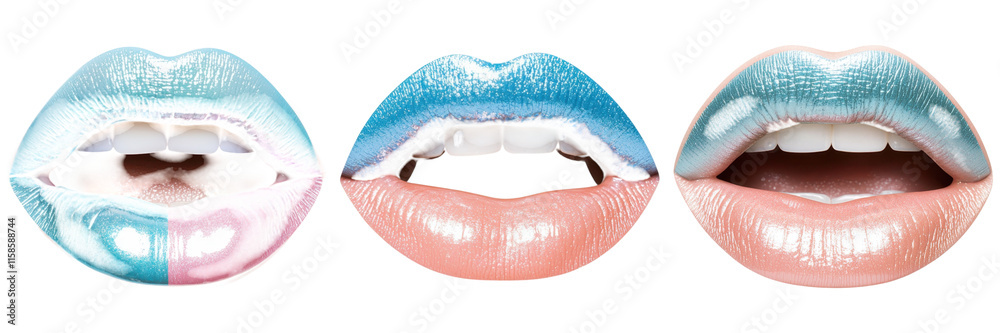 Three sets of lips featuring distinct colors and styles, showcasing creative lip art and makeup variations. Three sets of lips featuring distinct colors and styles, showcasing creative lip art and makeup variations.