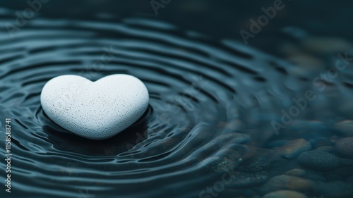 Ripple effect of love heart-shaped stone in calm water nature photography tranquil environment close-up view