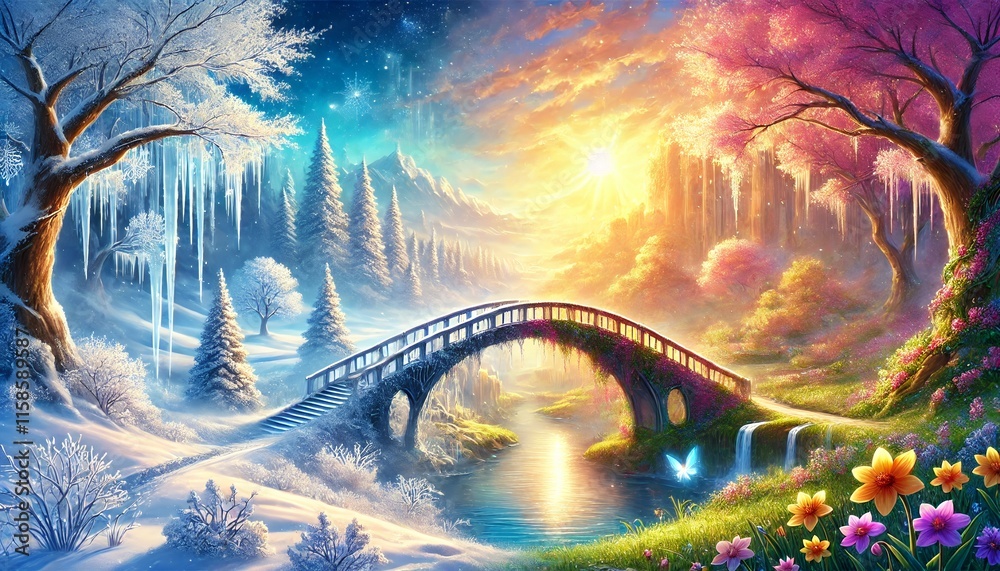 Obraz premium A Fantasy Bridge Transitioning From Winter's Frosty Serenity to Spring's Vibrant Warmth With Ethereal Glow and Magical Pastels