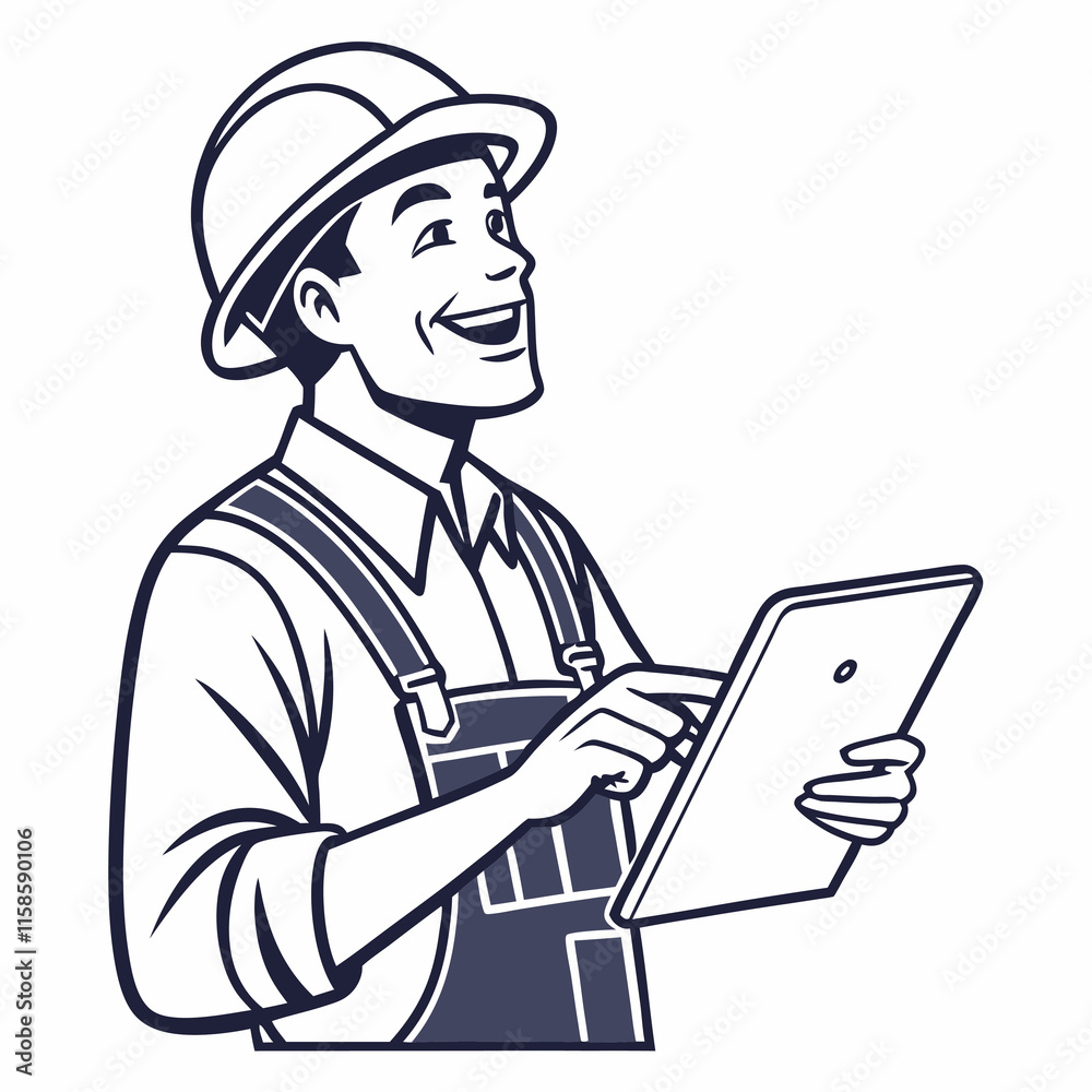 A happy worker with hard hat holding a tablet. Vector illustration. A happy worker with hard hat holding a tablet. Vector illustration.