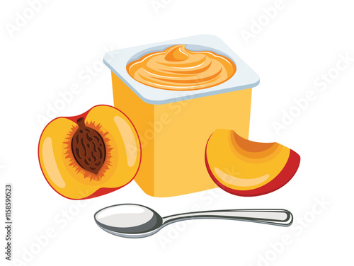 Peach yogurt in a plastic cup and spoon vector illustration. Peach yogurt plastic cup icon vector isolated on a white background. Fruit yoghurt and fresh peaches drawing. Peach cut in half vector