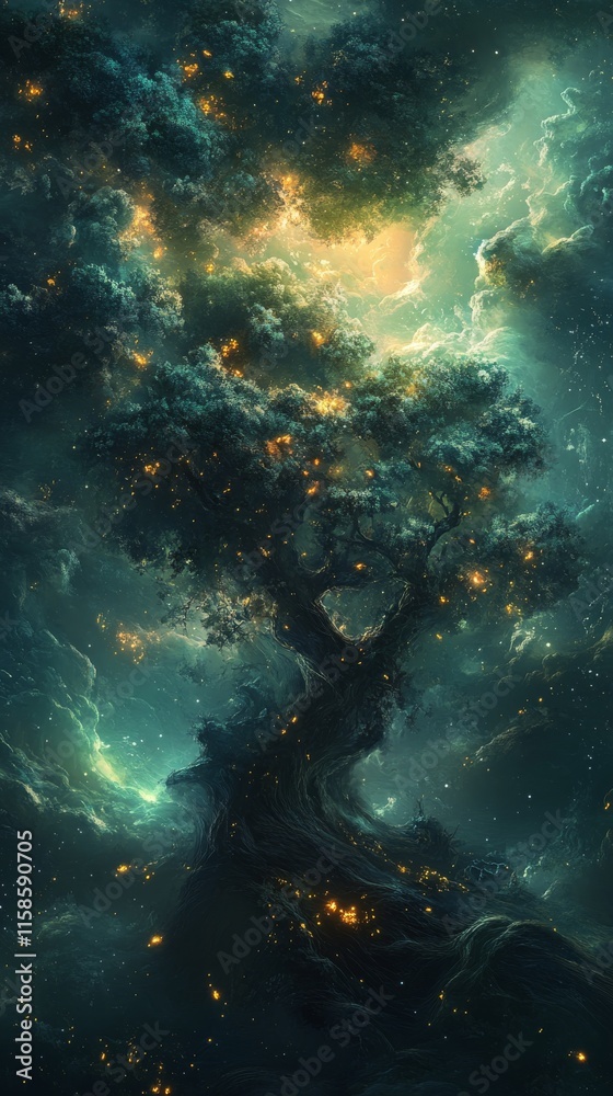 Naklejka premium Enchanting luminous tree in a dreamy night sky.