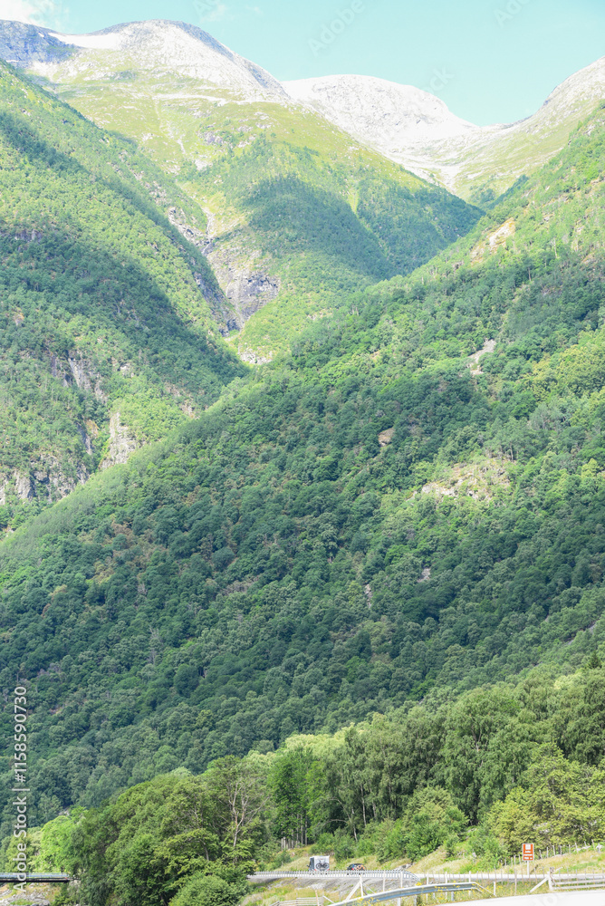 Fototapeta premium Norwegian mountain landscape with green trees casting shadows. White snow on the top of the fjords under the blue sky of a sunny summer day. A road at the foot of the mountain.