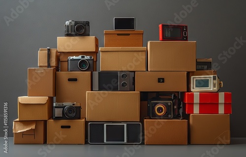 A large collection of cardboard boxes. Goods and products for production, distribution, trade exchange, and retail sales. Global business involving import and export. Freight transportation,
