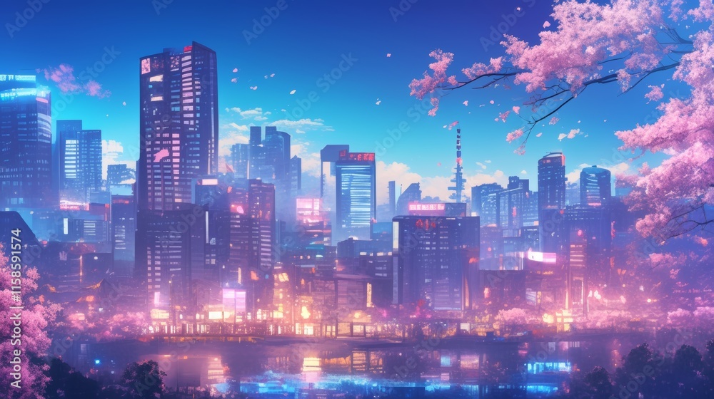 Fototapeta premium Anime. Night city anime fantasy against the background of the center of the old and new city. Fantasy Japanese night cityscape view, neon pink light, residential buildings, large sakura tree.