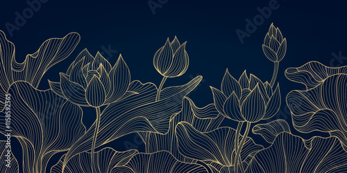 Vector line gold lotus flowers background, floral luxury nature illustration. Asian botanical drawing, oriental graphic