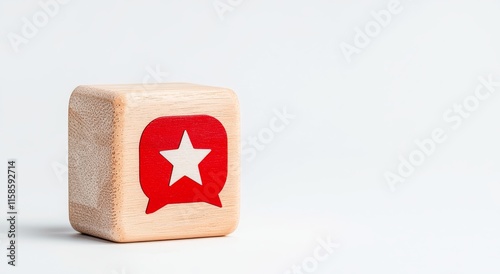 Customer experience, feedback, and satisfaction evaluation concept. Rank rating stars feedback. Wooden cubes with a customer experience icon on a grey background, copy space. Marketing banner photo