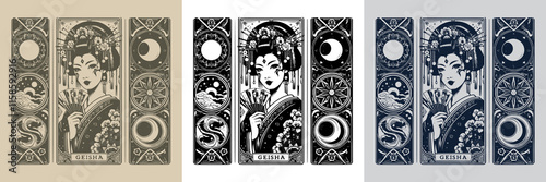 geisha playing card tattoo design with vibrant accents