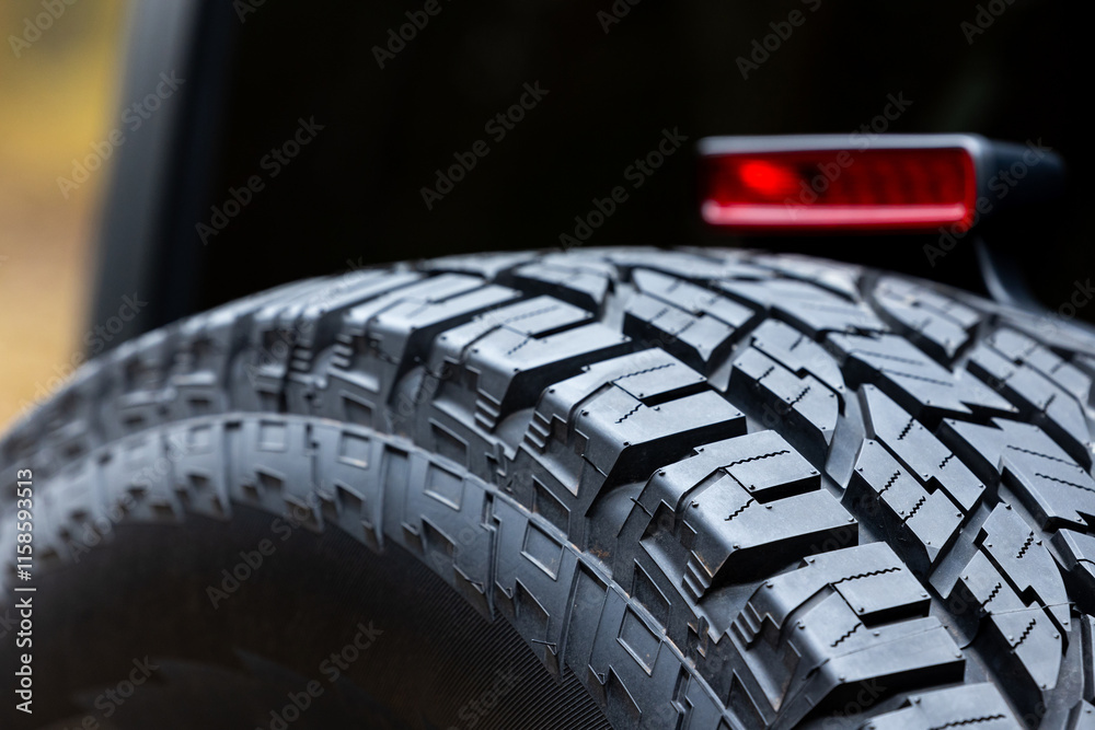 Deep tread of a new off road tire mounted on the rear door of an off-road vehicle. The photo was taken during the day.