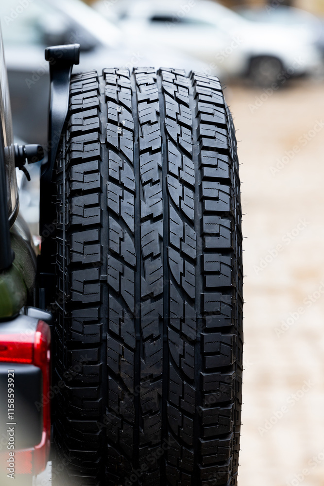 Deep tread of a new off road tire mounted on the rear door of an off-road vehicle. The photo was taken during the day.