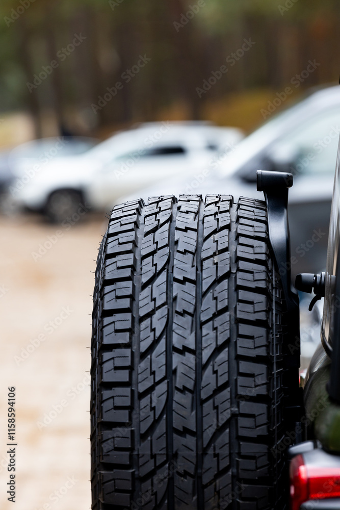 Deep tread of a new off road tire mounted on the rear door of an off-road vehicle. The photo was taken during the day.