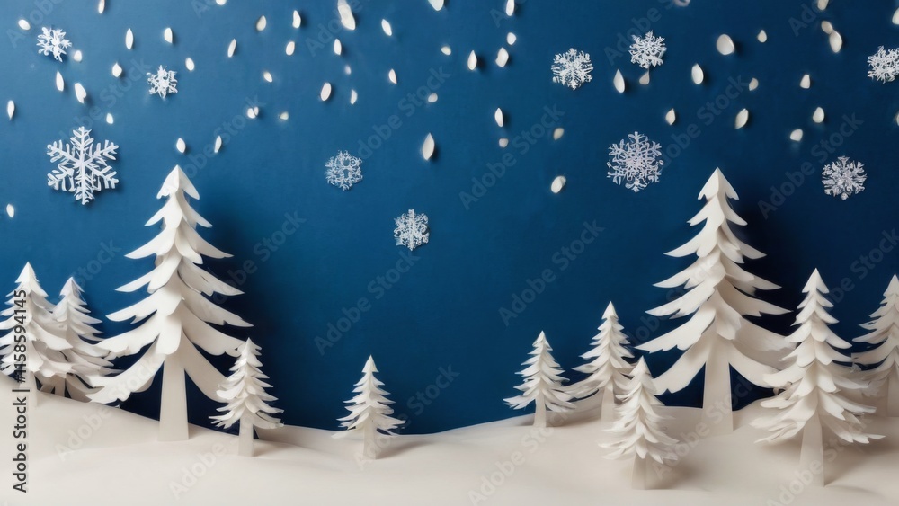 Obraz premium Winter Wonderland: Digital illustration featuring white snowflakes on deep blue backdrop, creating peaceful and serene snowy landscape.