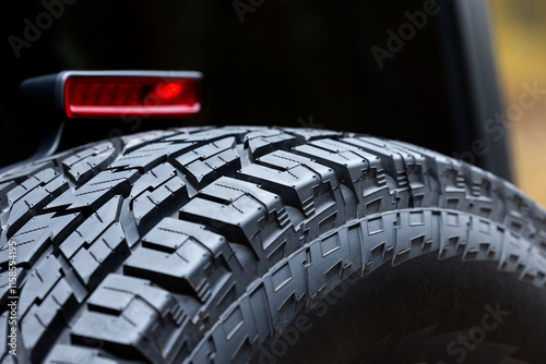 Deep tread of a new off road tire mounted on the rear door of an off-road vehicle. The photo was taken during the day. photo