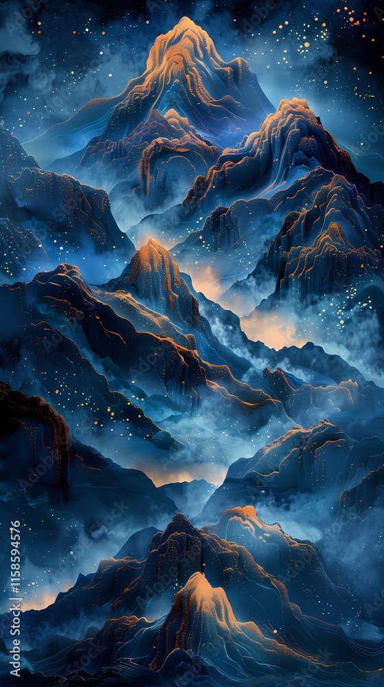 Naklejka premium Blue and gold traditional ink landscape painting poster background 