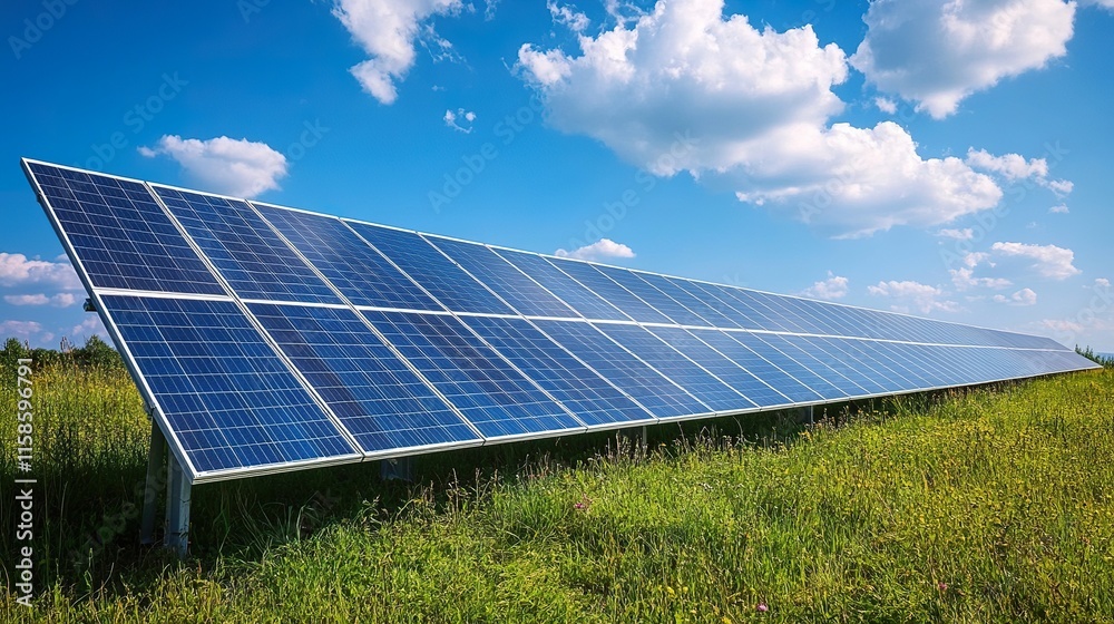 A solar panel installation set against a bright blue sky, showcasing renewable energy technology in a grassy field. A solar panel installation set against a bright blue sky, showcasing renewable energy technology in a grassy field.