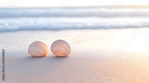 Serene seashells on a tranquil beach at sunrise photo