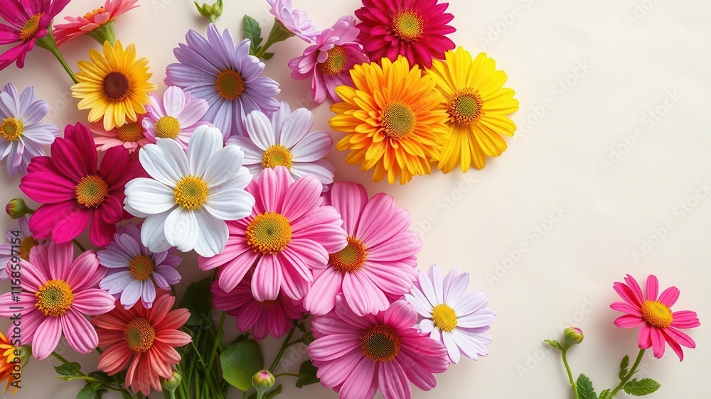Vibrant spring flowers in full bloom on a light paper background, nature, spring Vibrant spring flowers in full bloom on a light paper background, nature, spring