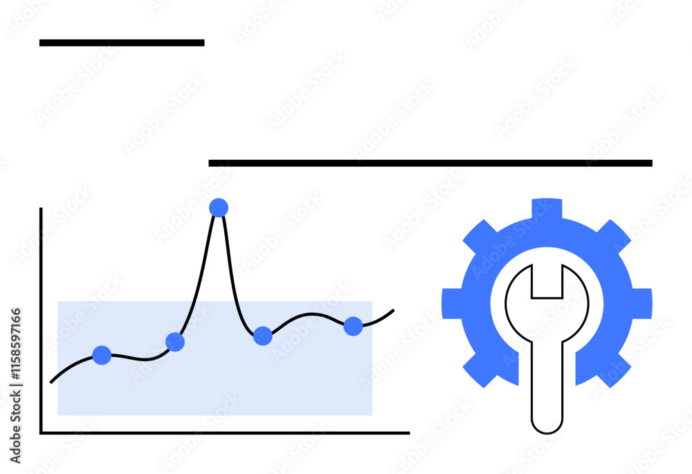 Line chart with data points and peaks, blue gear with wrench representing tools. Ideal for data analysis, performance metrics, growth tracking, technical strategy, optimization, technology Line chart with data points and peaks, blue gear with wrench representing tools. Ideal for data analysis, performance metrics, growth tracking, technical strategy, optimization, technology
