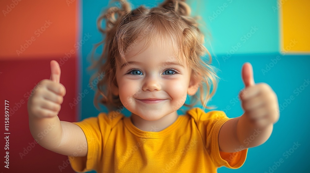 adorable toddler giving enthusiastic thumbs up on a cheerful yellow background, cute stock photo adorable toddler giving enthusiastic thumbs up on a cheerful yellow background, cute stock photo